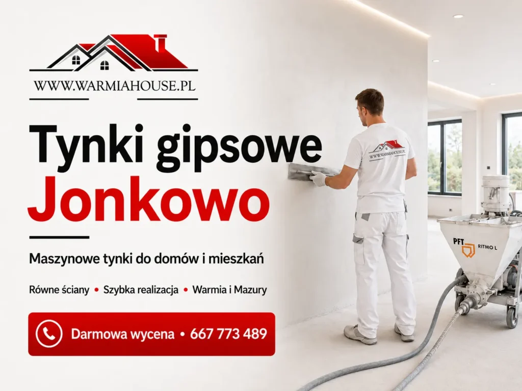 Tynki gipsowe Jonkowo 1 Tynki gipsowe Jonkowo – profesjonalne tynki maszynowe do domów, mieszkań i lokali. Warmia House: równe ściany, solidne wykonanie i lokalna obsługa.
