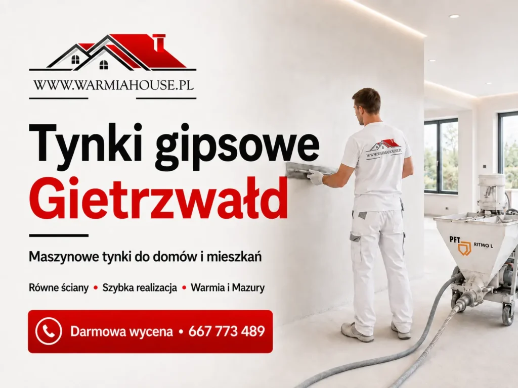 Tynki gipsowe Gietrzwałd 1 Tynki gipsowe Gietrzwałd — gładkie ściany maszynowo, blisko Olsztyna